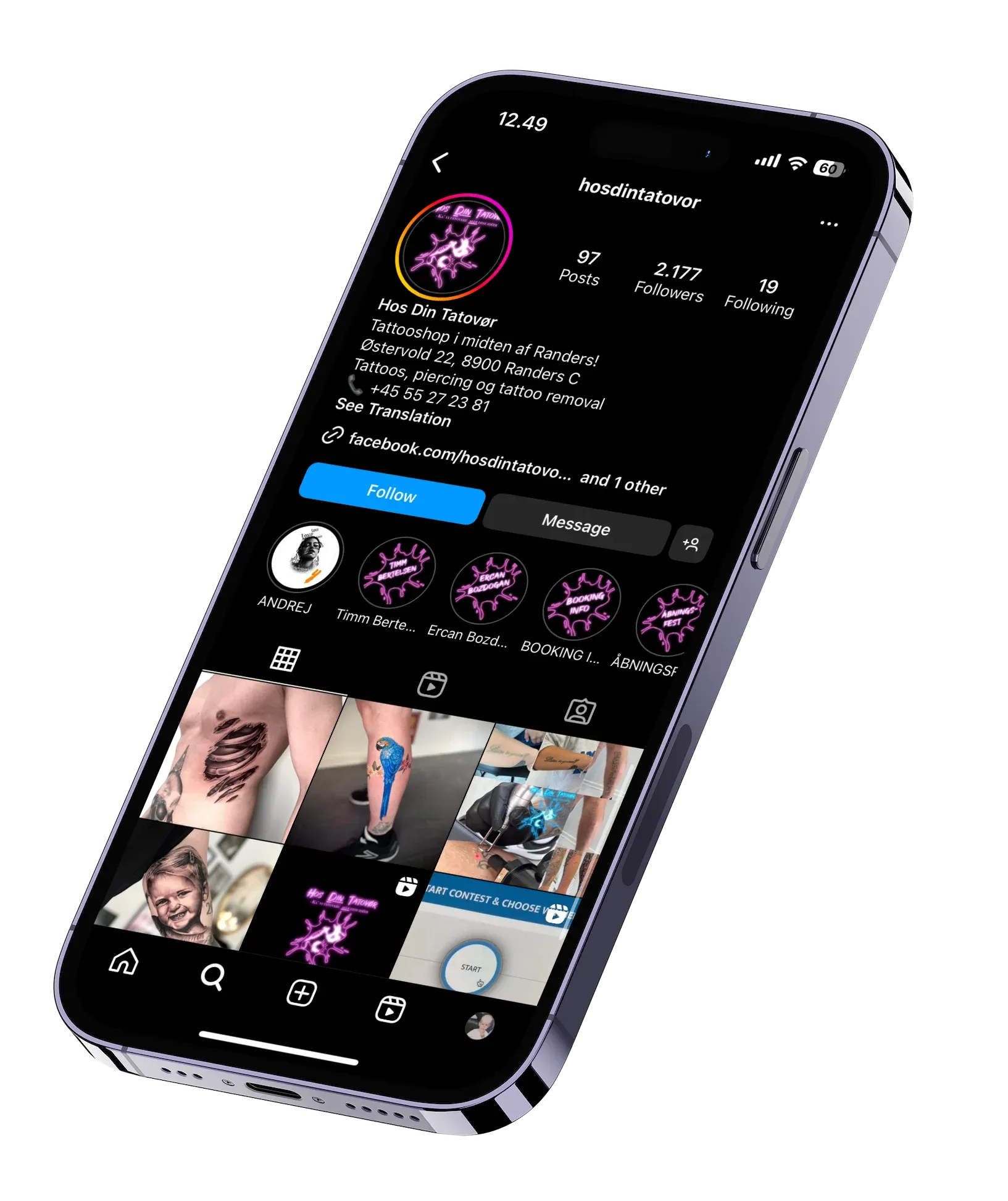 Instagramprofil for tatovør i Randers
