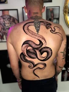 Stor slange tatovering på mands ryg